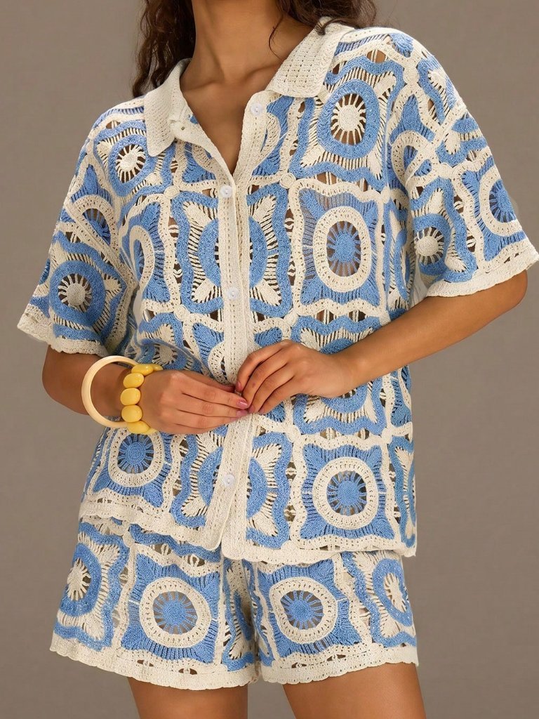 Baby Blue Casual Women's Knitted Short Sleeve Top & Shorts Set
